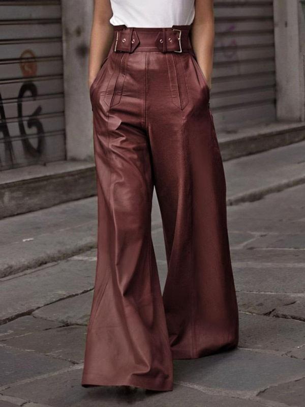 Women's Solid Color Buckle Pocket High Waist Wide Leg PU Leather Pants, Fashion Casual Trousers for Daily Outdoor Wear, Ladies Bottoms for All Seasons